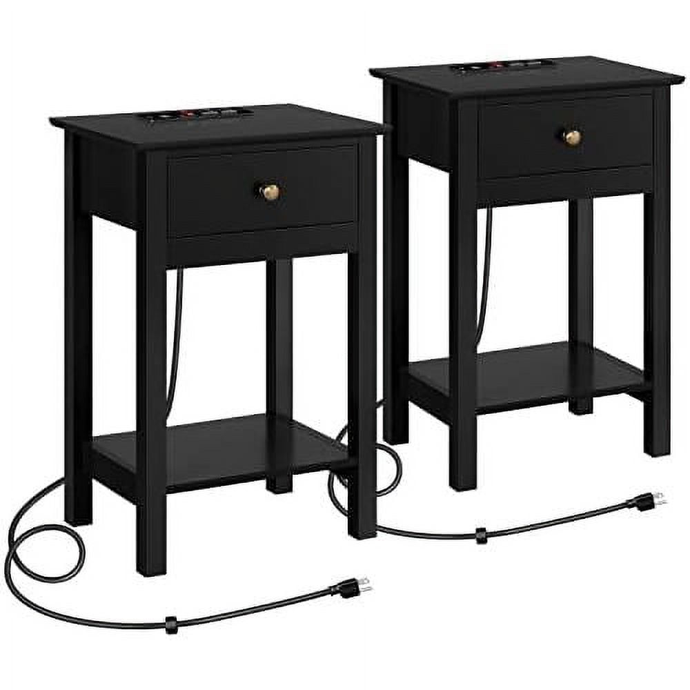 End Table Set of 2 with Charging Station, 2Tier Side Table with Drawer & Open Shelf, Nightstand