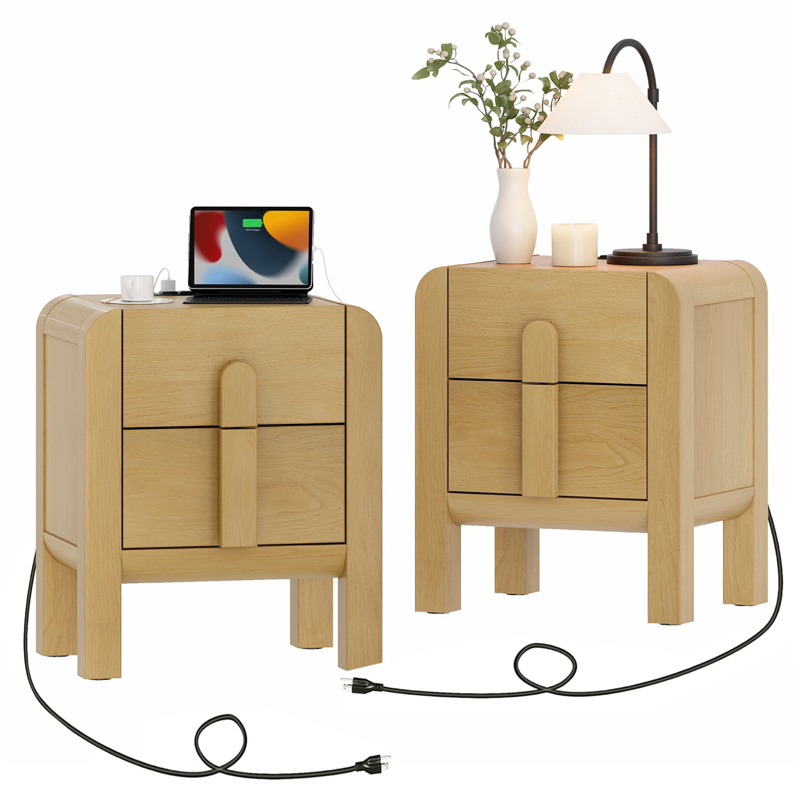 End Table Set of 2 with Charging Station and Curved Profile Design, Mid Century Modern Wooden Nightstand with Drawer for Bedroom, Living Room, Sofa Office