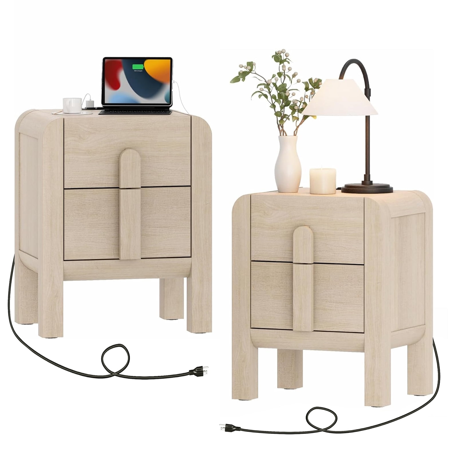 End Table Set of 2 with Charging Station and Curved Profile Design, Mid Century Modern Wooden Nightstand with Drawer for Bedroom, Living Room, Sofa Office