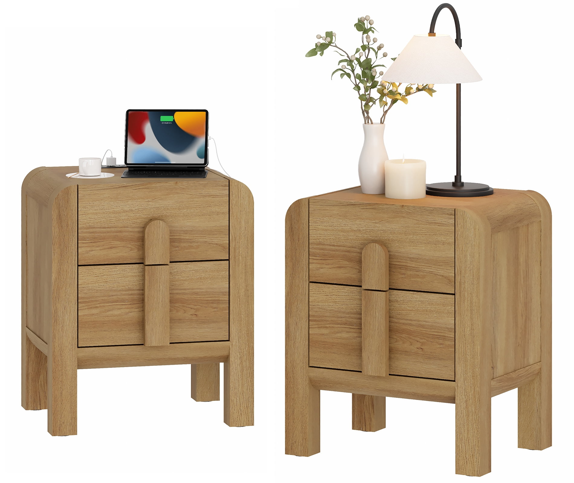 End Table Set of 2 with Charging Station and Curved Profile Design, Mid Century Modern Wooden Nightstand with Drawer for Bedroom, Living Room, Sofa Office