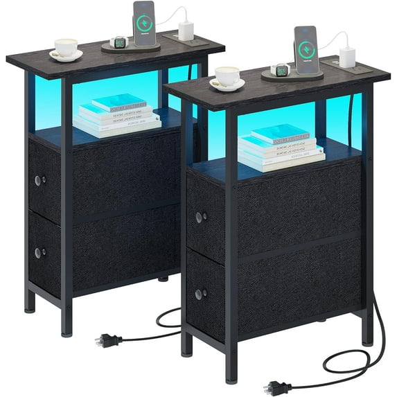 End Table Set 2 with Charging Station, Narrow Side Table with 2 Fabric Drawers, Skinny Nightstand with LED Light, Slim Bedside Table for Bedroom, Living Room, Small Spaces, Black