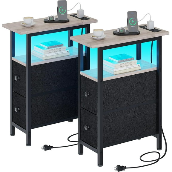 End Table Set 2 with Charging Station, Narrow Side Table with 2 Fabric Drawers, Skinny Nightstand with LED Light, Slim Bedside Table for Bedroom, Living Room, Small Spaces, Greige and Black