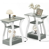 End Table Set of 2 with Charging Station, Side Table with USB Ports and Outlets, Nightstand, 3 Tier End Table with Storage Shelf for Living Room, Bedroom (Grey Set of 2)