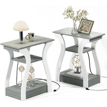 End Table Set of 2 with Charging Station, Side Table with USB Ports and Outlets, Nightstand, 3 Tier End Table with Storage Shelf for Living Room, Bedroom (Grey Set of 2)