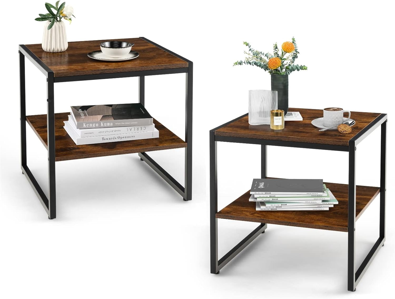 End Table Set of 2, Industrial 20” Side Table with Open Storage Shelf ...