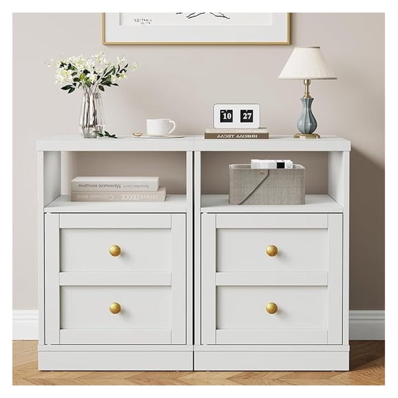 End Table Set of 2, Nightstand with Storage Shelf and Door, Faux Two-Drawer Design Side Table, Wood Beside Table for Small Spaces, Modern NightStand for Living Room Bedroom Dorm, White