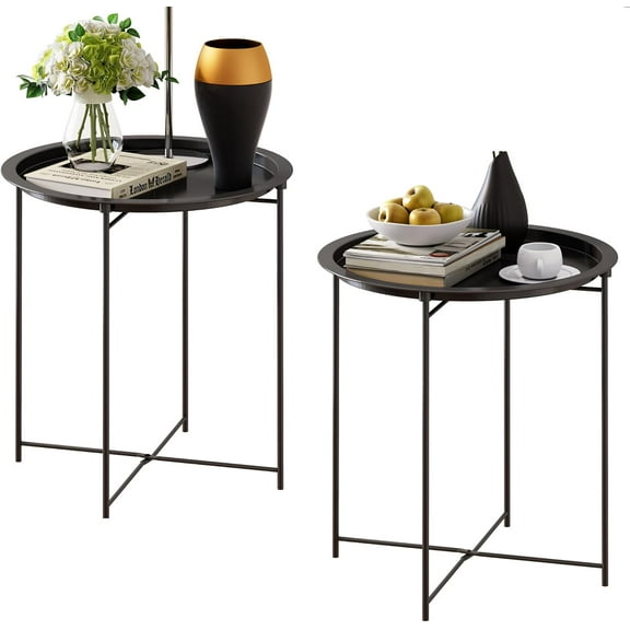 End Table Set of 2,Outdoor Side Table, Small Patio Round Folding Metal Black Side Tables for Outdoor,Living Room,Bedroom Balcony and Office,18.5" x 19.9"H2 PCS