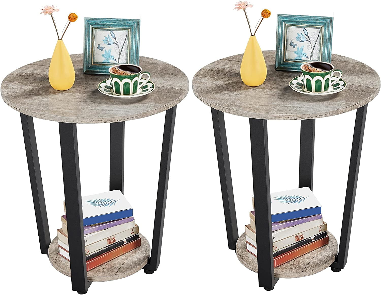 Gray Round Wood and Metal End Table Set with Storage Shelf