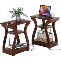End Tables Living Room Set of 2,Cherry End Table with Charging Station,Side Table, Nightstand for Bedroom, 3 Tier End Table with Storage Shelf for Living Room(Cherry)