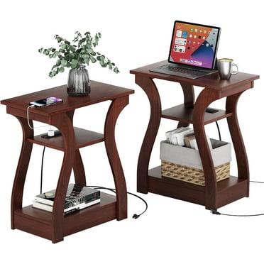 End Tables Living Room Set of 2,Cherry End Table with Charging Station,Side Table, Nightstand for Bedroom, 3 Tier End Table with Storage Shelf for Living Room(Cherry)