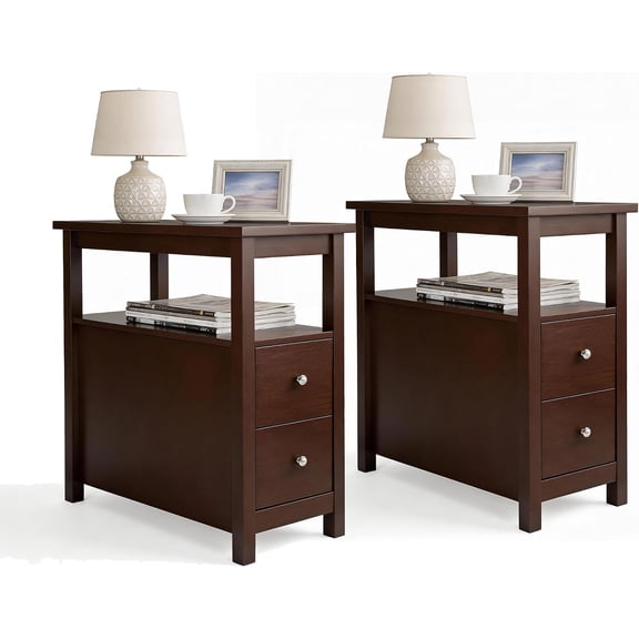 End Table Set of 2, Slim Side Table with 2 Drawers and Storage Shelf, 3 Tier Sofa Couch Table for Living Room Bedroom Apartment Small Spaces, Espresso