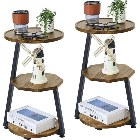 End Table Set of 2 Small Round Side Table with Solid Wood Tray Top Metal Frame, 3-Tier Accent Couch Beside Table, Nightstand for Bedroom Living Room, Brown