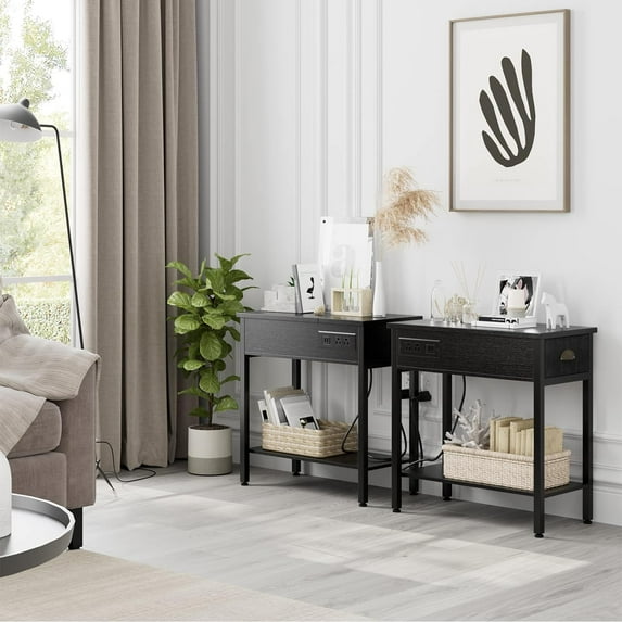 End Table Set of 2, Black Side Table with Charing Station, Small End Table with Drawer, Narrow Side Table with Storage for Living Room-Black