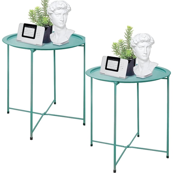 End Table Set of 2, Outdoor Side Table, Small Patio Table Metal Side Table, Round Folding Side Table, for Outdoor and Living Room,Green