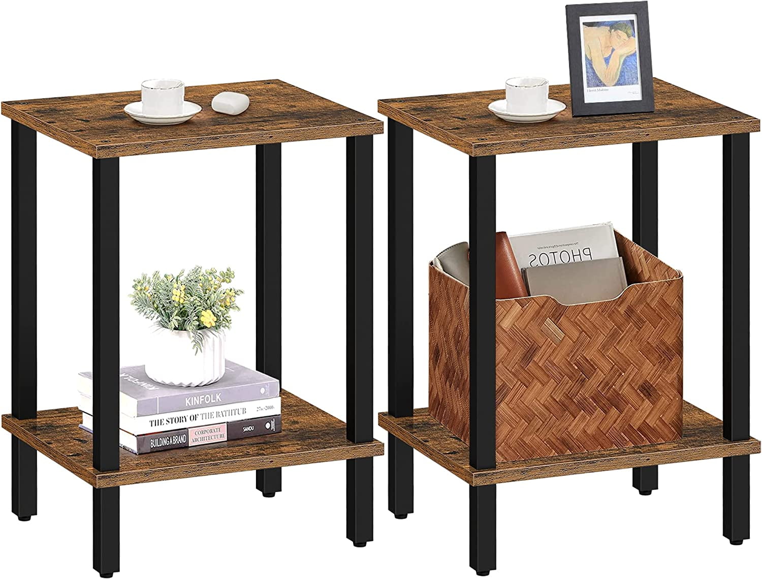 Rustic Brown Wood and Black Metal 2-Tier End Tables, Set of 2