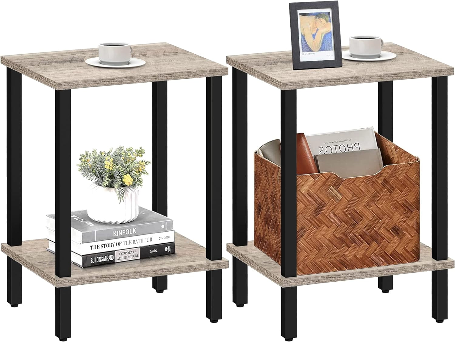 Greige and Black Metal 2-Tier End Table Set