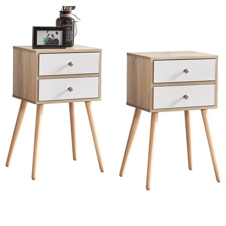 End Table Set of 2,Side Table with 2 Drawer Accent Table,Anti-falling Drawer, Smooth Roller Wood White