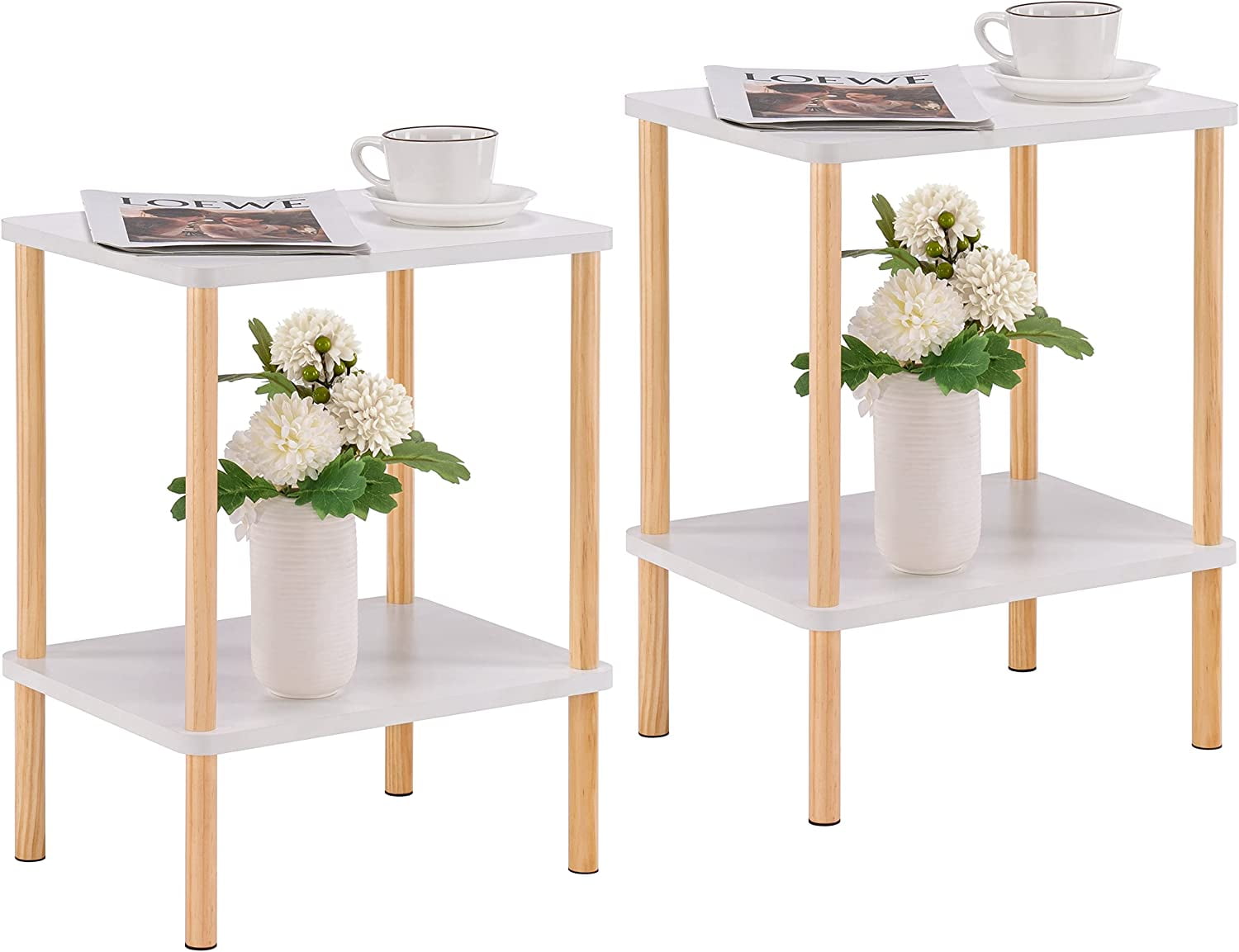 End Table Set of 2, Side Table with Solid Wood Legs, White+Natural ...