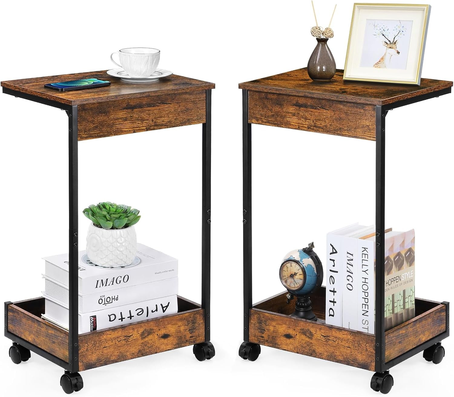 Set of 2 Rustic Brown Wood C-Shaped End Tables with Wheels