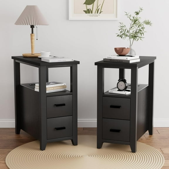 Pikvki End Table Set of 2 with Charging Station, Nightstand Bedside Table with 2 Drawers for Living Room, Bedroom, Black