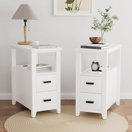 End Table Set of 2 with Charging Station, Nightstand Bedside Table with 2 Drawers for Living Room, Bedroom, White