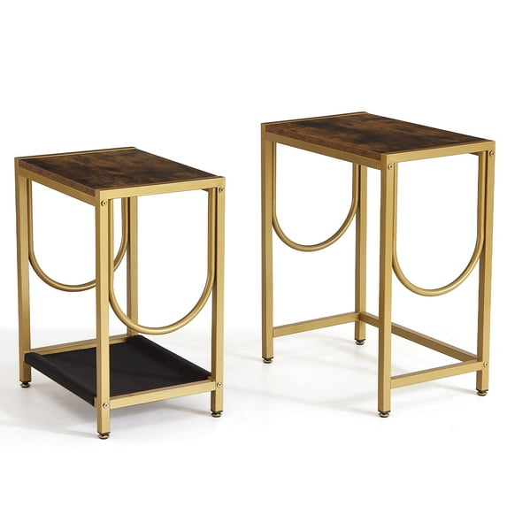 CuisinSmart Indoor Industrial Rustic/Lodge Wood and Metal End Table, Gold (Set of 2)