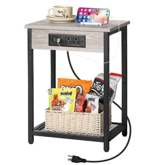 End Table Side Table, Bedside Table with Charging Station Small End Table with USB Ports and Power Outlets, Night Stand for Bedroom Living Room