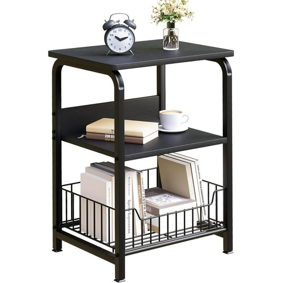 Side Table Black Wooden 3 Tiers Nightstand Industrial Retro Storage Shelf for Living Room Bedroom Kitchen Family and Office,Stable Wood and Metal Frame