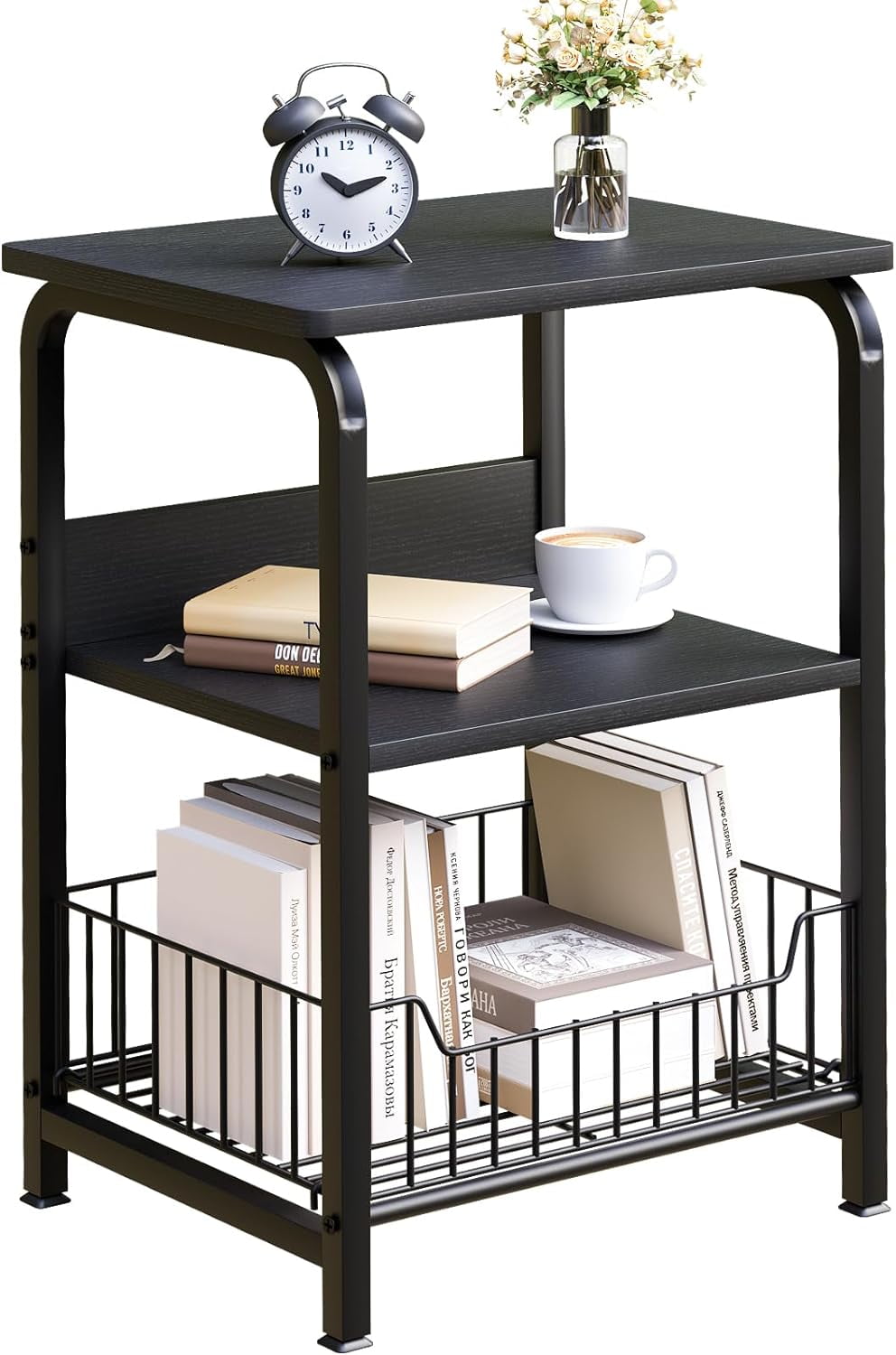 End Table Side Table Black Wooden 3 Tiers Nightstand Industrial Retro Storage Shelf for Living Room Bedroom Kitchen Family and Office,Stable Wood and Metal Frame