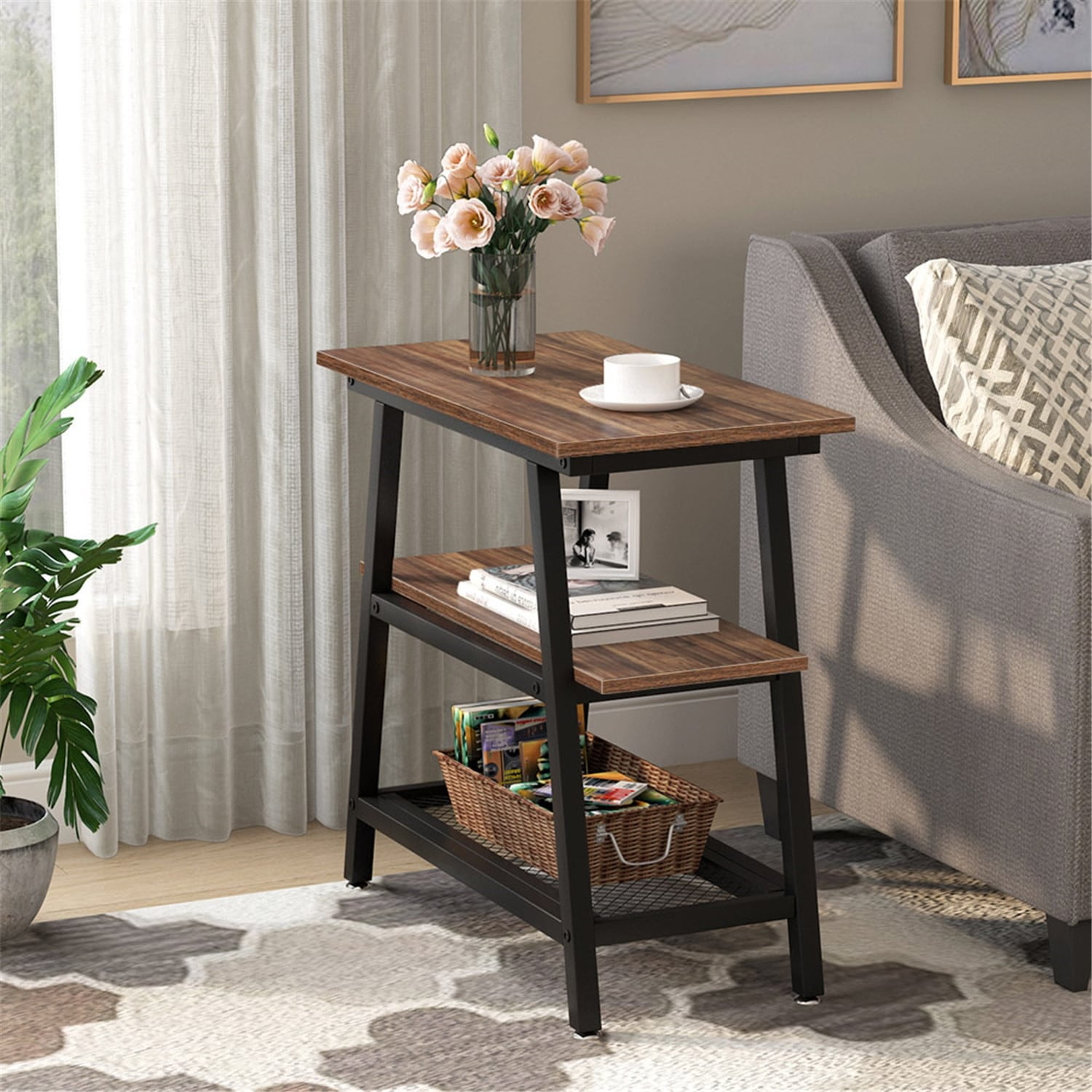 Industrial Brown Wood and Metal 3-Tier Storage End Table