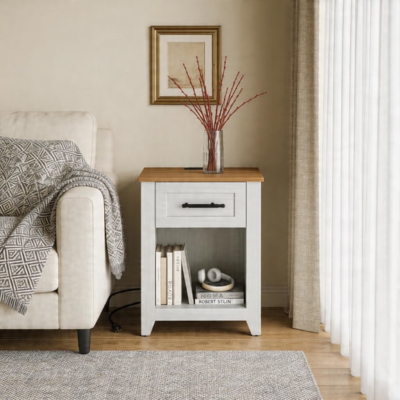 End Table, Side Table with Storage, Farmhouse Nightstand Bedside – Drawers & Open Shelf, USB/Type-C/AC Outlets