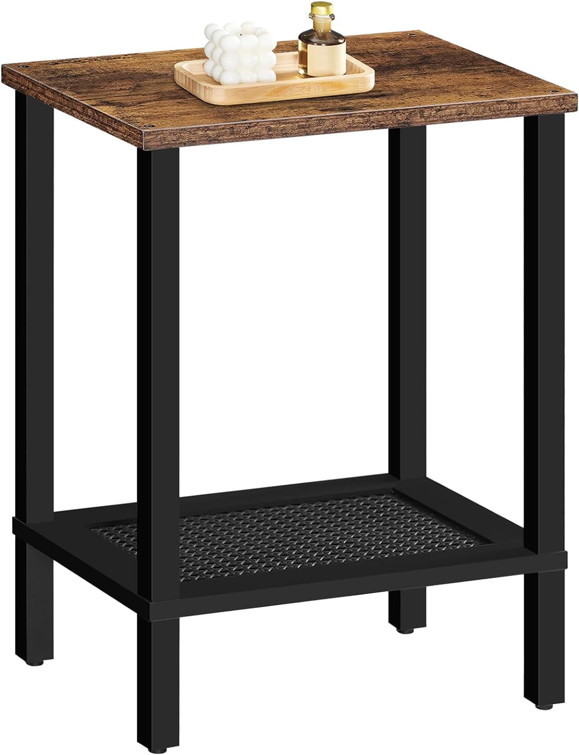 Rustic Brown and Black Small End Table with 2-Tier Storage