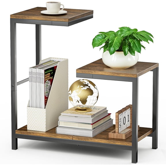 G-Shaped Pedestal Table- End Table for More Spaces 26 (L) x 25 (W) x 16 (H) inch - Narrow Side Table-Couch Table with 3-Tier Storage for Living Room, Bedroom,Balcony -Rustic Brown