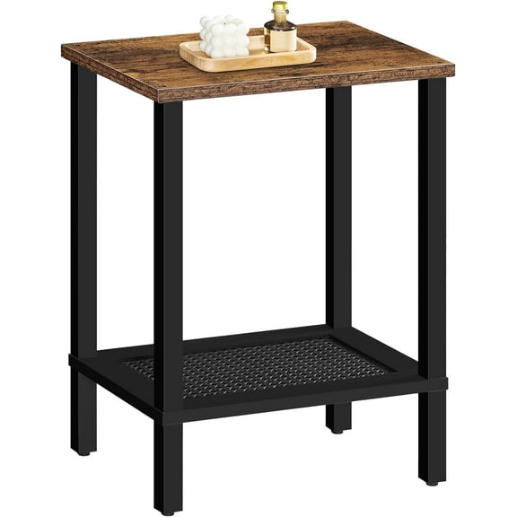 End Table, Small Side Table with 2-Tier Storage Shelves, Nightstand with Faux Rattan Decoration, for Living Room, Bedroom, Rustic Brown and Black