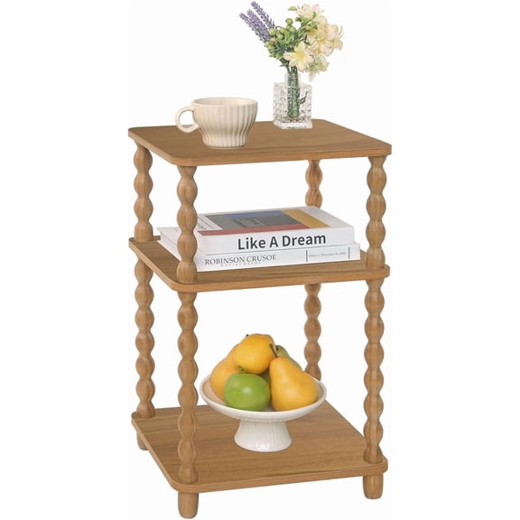 End Table, Small Side Table with 3 Tier Open Shelf, Modern Night Stand Accent Table for Small Spaces, Living Room and Office (Caramel Tan)