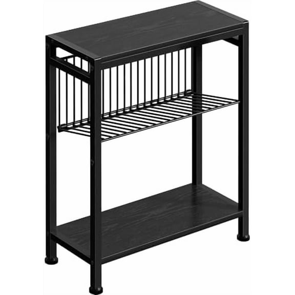 End Table for Small Space, 3-Tier Narrow Side Table with Magazine Holder, Nightstand, Skinny Snack Couch Table in Living Room, Bedroom Study and Balcony (Black)