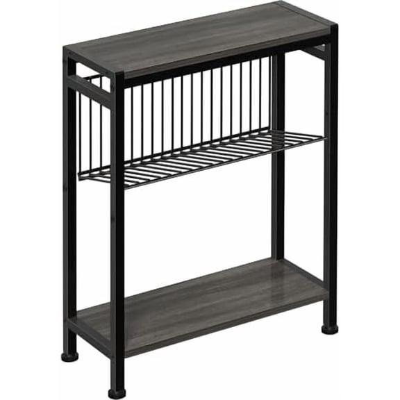 End Table for Small Space, 3-Tier Narrow Side Table with Magazine Holder,Slim Nightstand, Skinny Snack Couch Table in Living Room, Bedroom Study and Balcony (Grey)