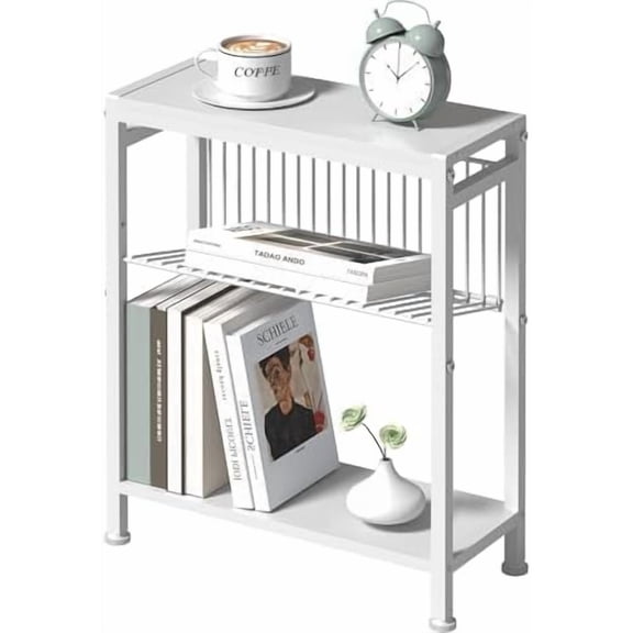 End Table for Small Space, 3-Tier Narrow Side Table with Magazine Holder,Small Nightstand, Skinny Snack Couch Table in Living Room, Bedroom Study and Balcony (White)