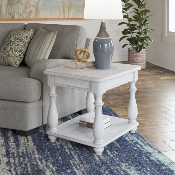 End Table, Solid Wood Square Side Table in Gray Oyster Shell Color, Coastal Style Living Room Accent Table with Easy Assembly, 24" L x 24" W x 28" H, Durable and Easy Care Design