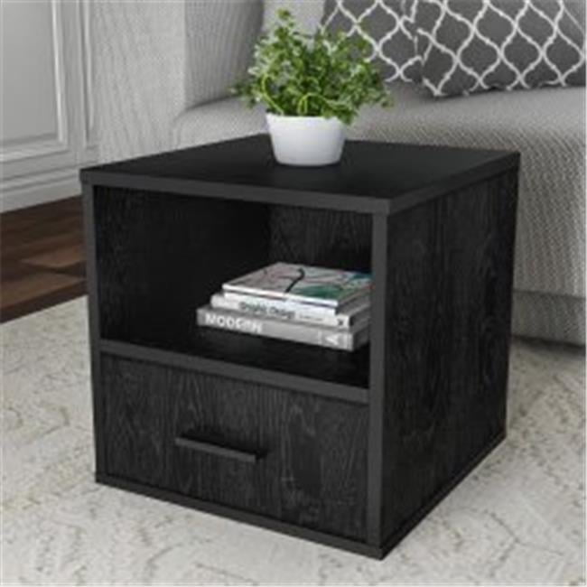 Black Wood and Metal Stackable Cube End Table with Drawer