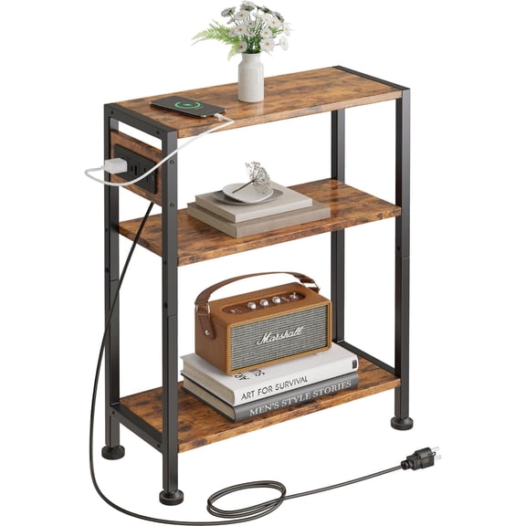 End Table with  Station, 3-Tier Side Table for Small Space, Skinny Nightstand with /Type C Port and 2 Outlets, Slim Beside Table for  Room, , Balcony, Rustic Brown