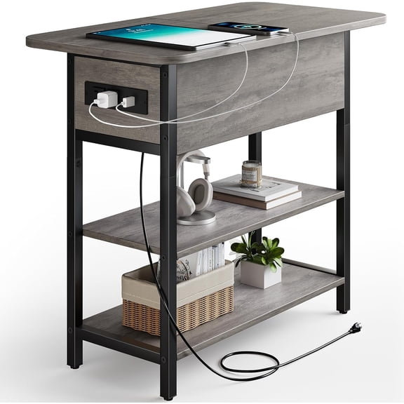 End Table with  Station, Flip Top Side Table with USB Ports and Outlets, Sofa Couch Table Bedside Table for Living Room Bedroom, Narrow Nightstand with Shelves for Small Space Gray