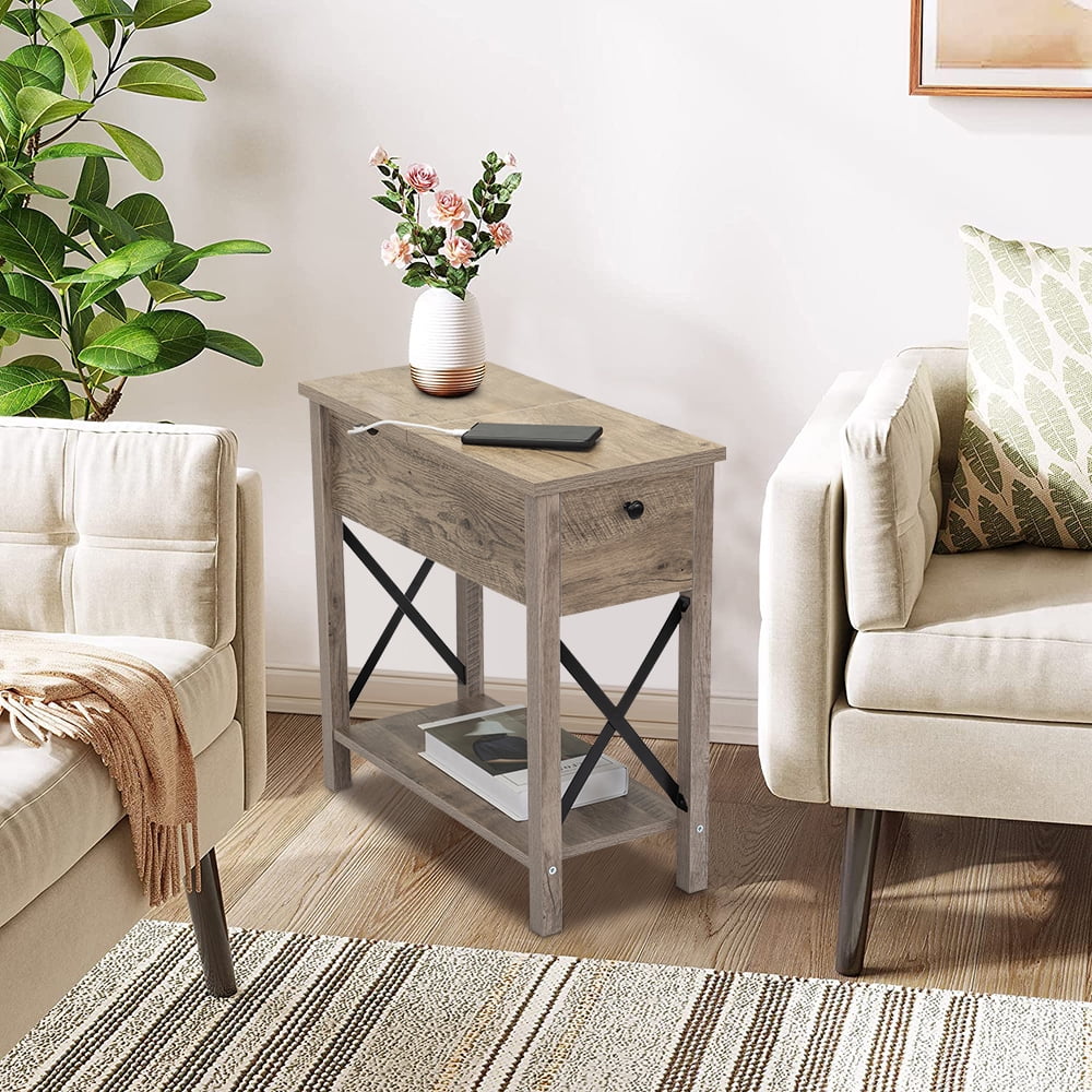 End Table with Storage BTMWAY Wood Side Table with Charging Station and Drawer Flip Top Bedside Table with USB Ports Power Outlets Bed Side Table