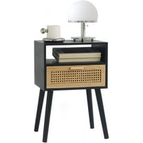 End Table with Storage Mid Century Nightstand with Rattan Drawer and Shelf, Wood Small Side Coffee Table for Small Space, Living Room and Bedroom, Easy Assembly (Black)