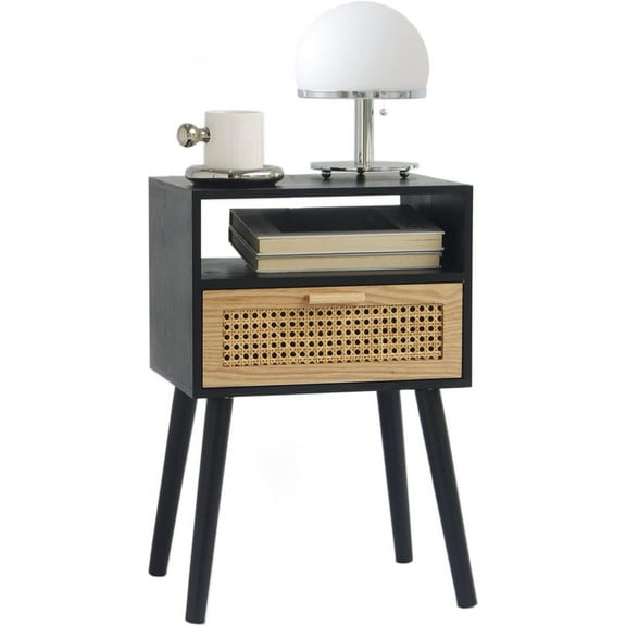 End Table with Storage Mid Century Nightstand with Rattan Drawer and Shelf, Wood Small Side Coffee Table for Small Space, Living Room and Bedroom, Easy Assembly (Black)