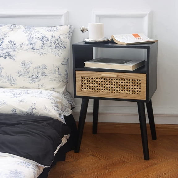 End Table with Storage Mid  Nightstand with Rattan Drawer and Shelf, Wood Small Side Coffee Table for Small Space, Living Room and Bedroom, Easy Assembly (Black)
