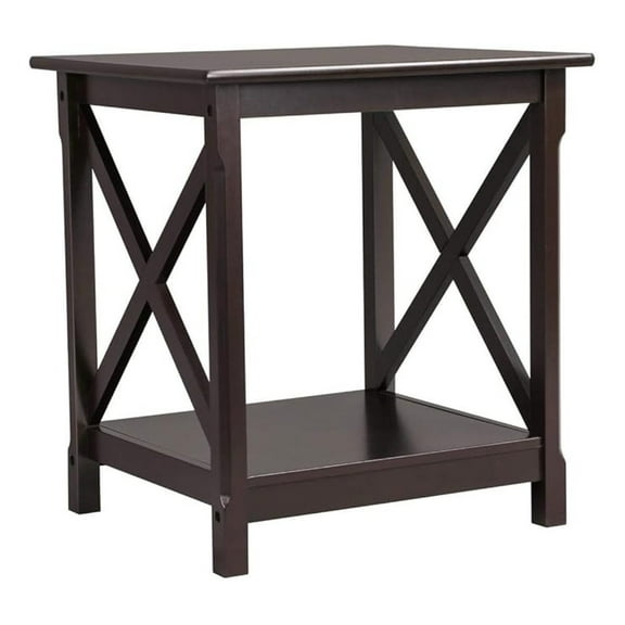 End Table with Storage Shelf in Classic X-Design, 2 Tier Strong Sofa Side Table for Living Room, 18" D x 20" W x 22" H Inches, Sturdy Pine Wood Legs, Dark Coffee