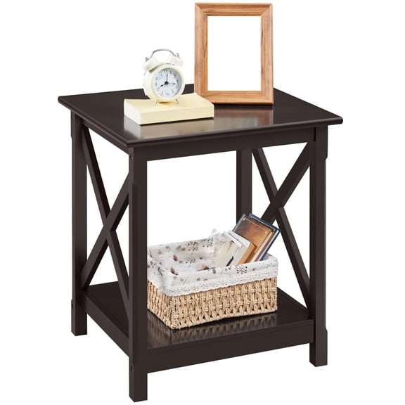 End Table with Storage Shelf in Classic X-Design, 2 Tier Strong Sofa Side Table for Living Room, Small Nightstand for Bedroom, Corner Table for Small Spaces, Sturdy Pine Wood Legs, Dark Brown