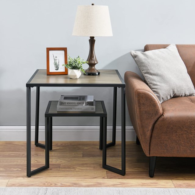 End Table with Storage Shelf for Living Room, Industrial 2Tier Shelves