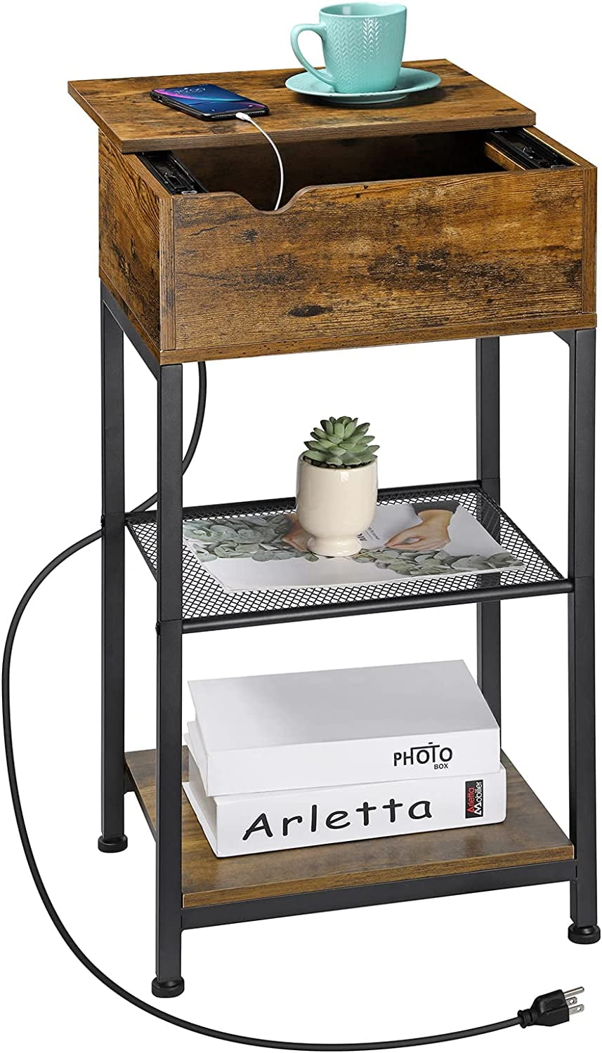 End Table with USB Ports & Power Outlets Narrow Sliding Top Side Table